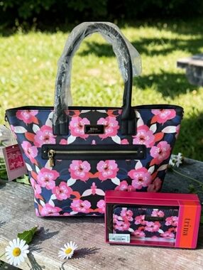 Trina Turk Navy Tote w/ Pink Floral Print & Wallet Set - All Over Narcissus NWT!